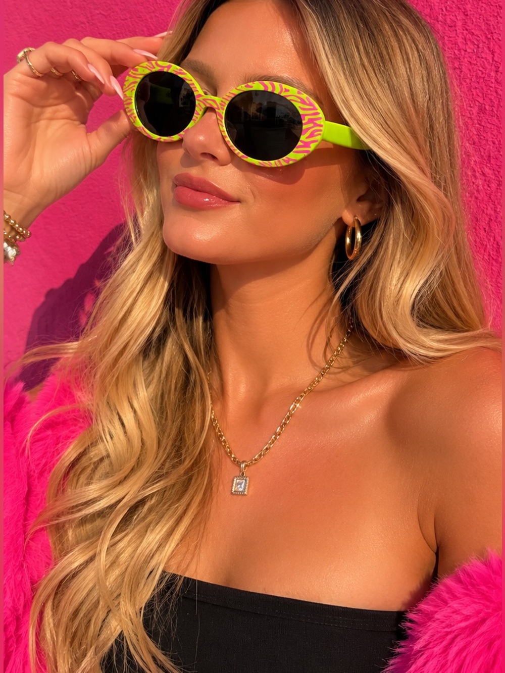 Neon Green & Hot Pink Zebra Print Cat Eye Sunglasses